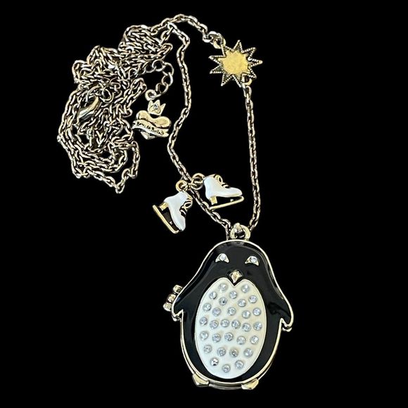 Princess Vera Wang Penguin Locket Necklace Rhinestones Enamel Skates Star Heart - Picture 2 of 6